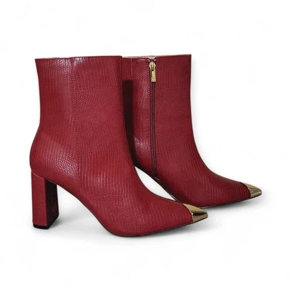 New York & CO Kyla Pointed Toe Bootie 8 New - Red Faux Lizard Leather Embossed - Picture 5 of 11